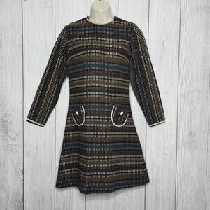 Vintage 60s 70s Jacquard Knit Mod Long Sleeve Mini Dress, sz XS